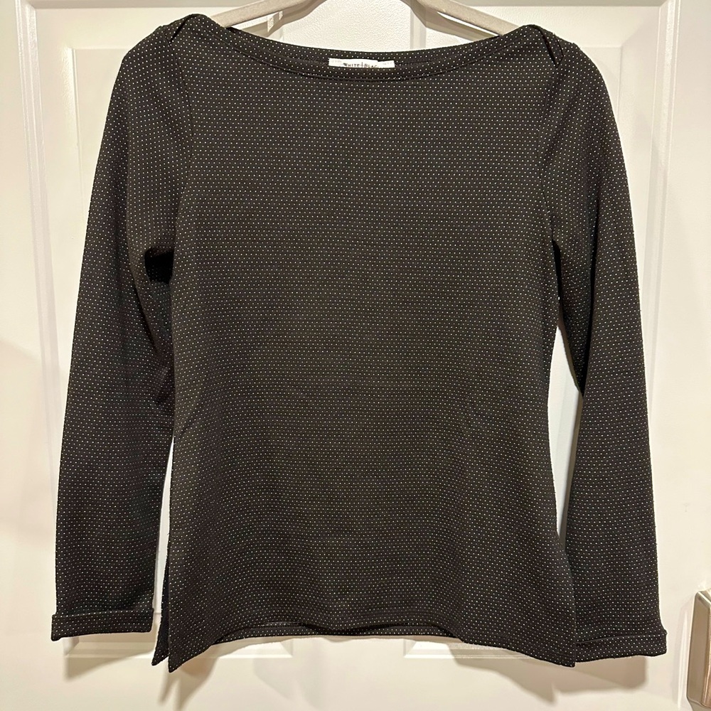 WHBM Boat Neck Black Shirt with White Dots Folded Long Sleeves
